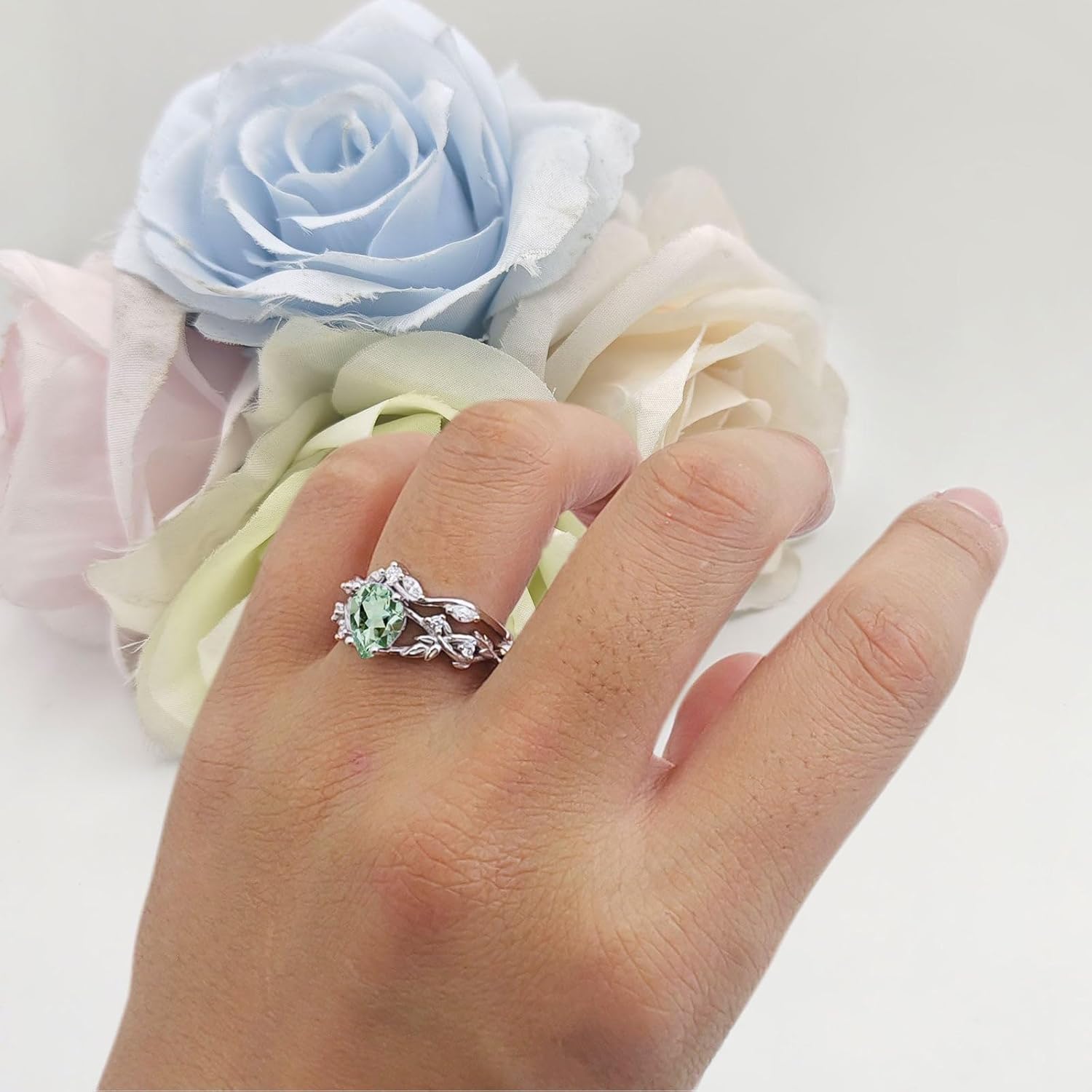 OMRANII Two Piece Pear Teardrop Natural Green Amethyst Prasiolite Leaf Infinity Twisted Curved Band Bridal Set Vintage Style Wedding Engagement Ring 925 Sterliing Silver