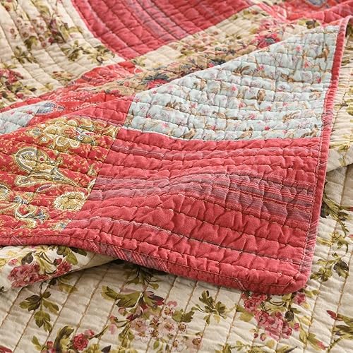 Miniatura 7 de Autumn Dream Juego de colcha de algodón reversible, juego de ropa de cama reversible, colcha de retazos florales vintage rojo y azul, tamaño King