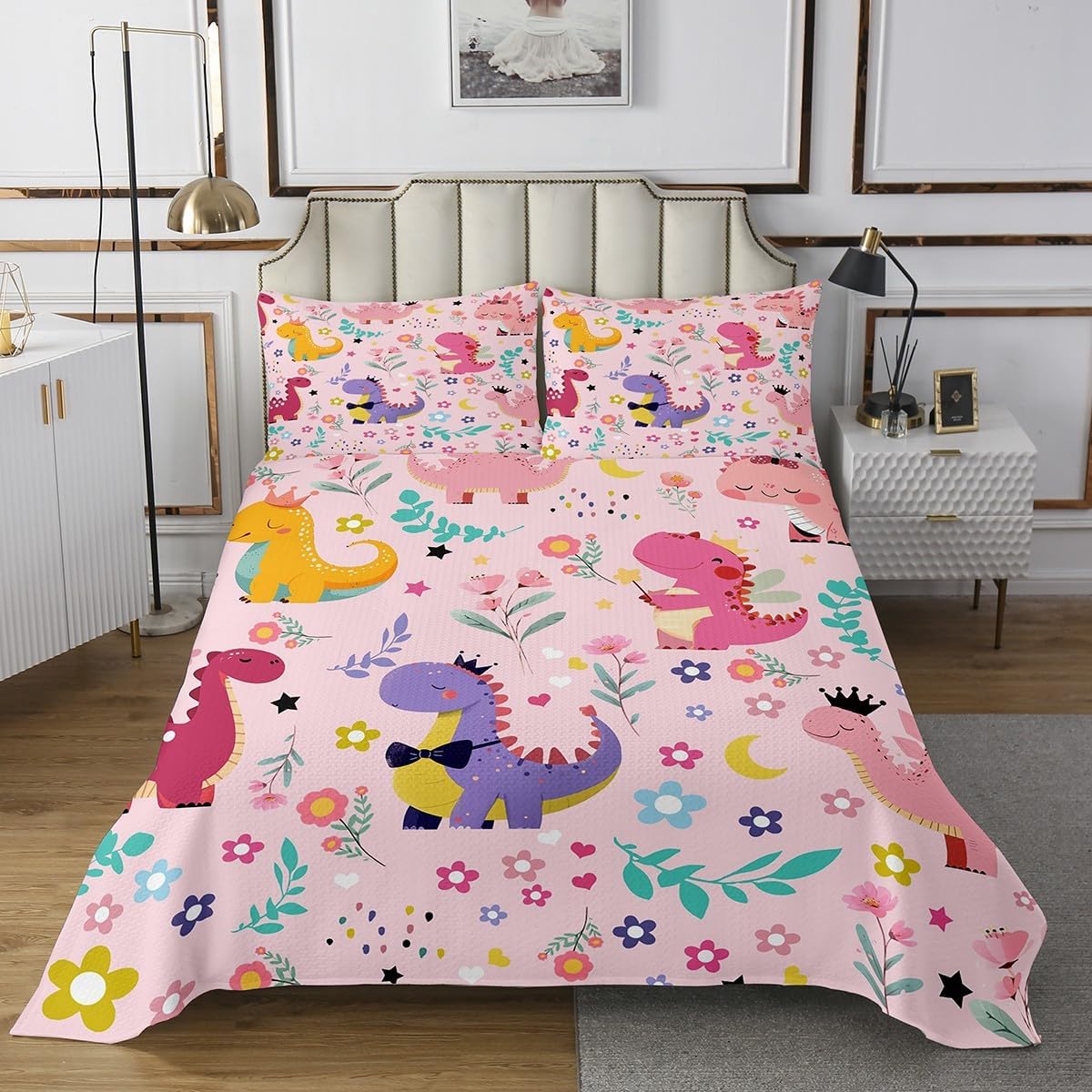 Tropical Plants Trees Bedspread King,Palm Leaves Quilted Coverlet 3pcs for Adults Teens Room Decor,Cartoon Dinosaur Soft Breathable Bedding Quilt