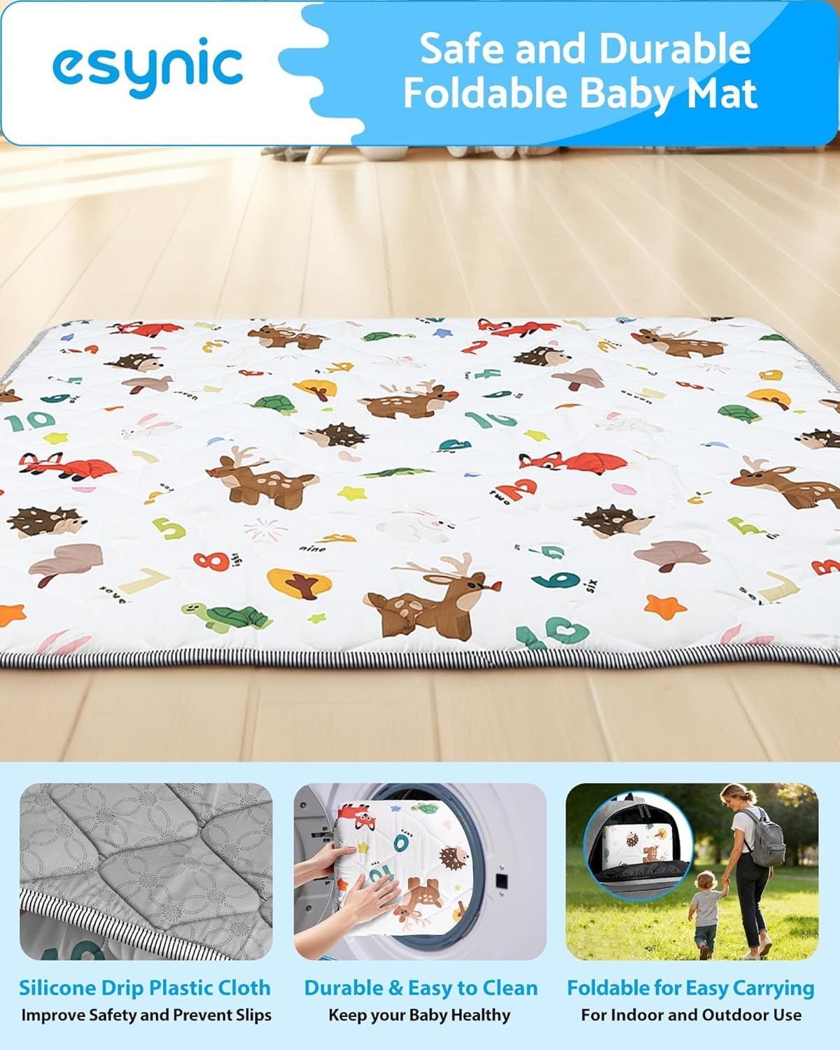eSynic Foldable Baby Play Mat 150×150cm Sichere Krabbelmatte Rutschfeste Krabbelmatte für Babys 6-12 Monate & Kleinkinder Waschbar & Tragbar Spielmatte mit Tier-& Zahlenmotiven Indoor & Outdoor