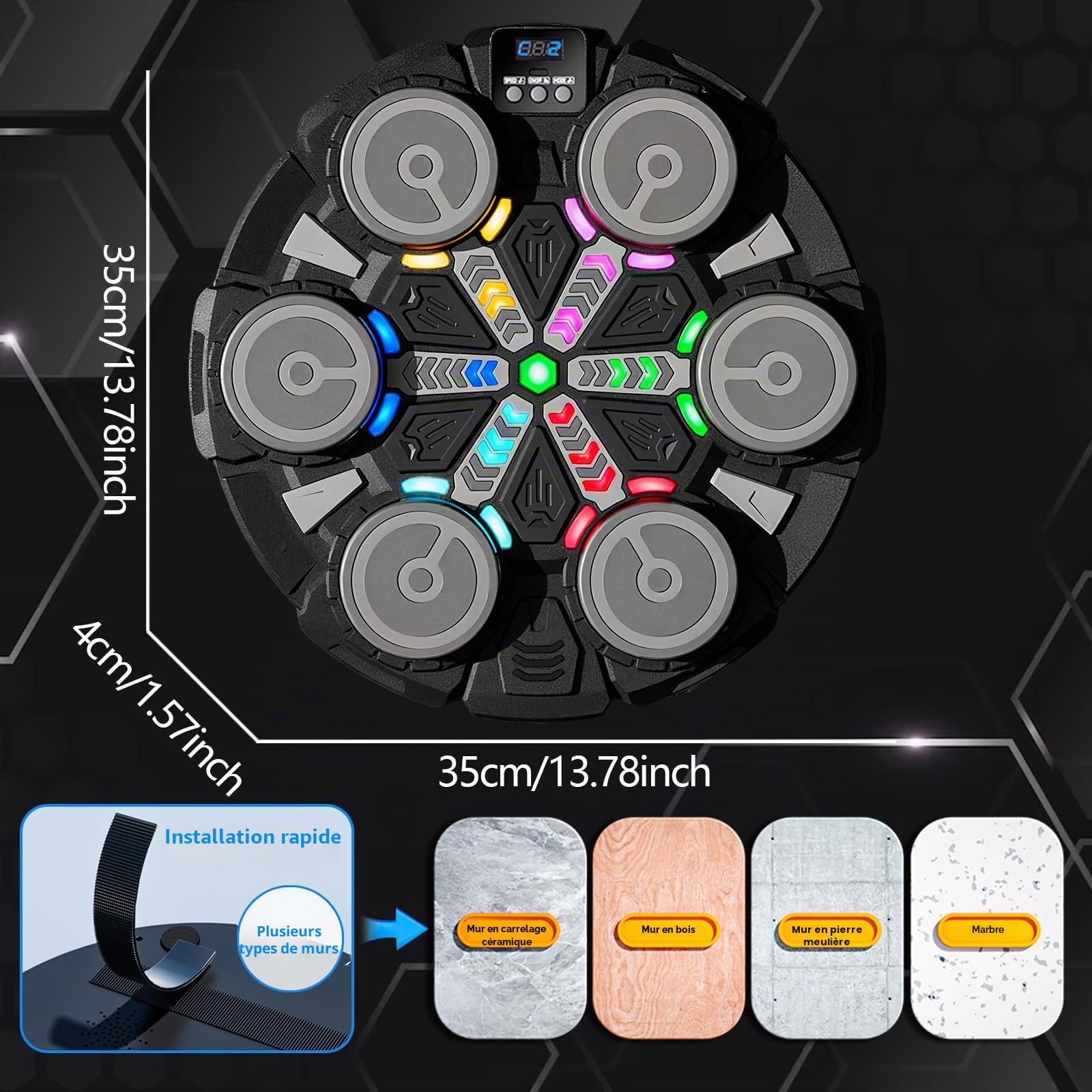 ROCKY&CHAO Music Boxing Machine de Boxe - Machine de Boxe Murale LED avec Musique et Bluetooth - Vitesse à Plusieurs Niveaux - Entraînement de réaction et d'entraînement de Boxe pour la Maison - avec