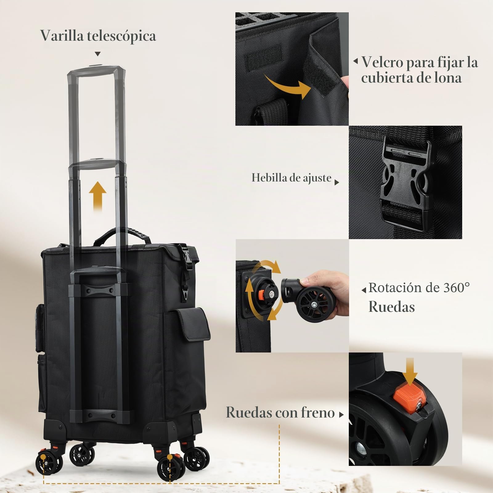 Maleta Maquillaje con Ruedas Maletín de Maquillaje Profesional 4 en 1 Maletin Peluqueria en Tela Oxford Carro de Maquillaje con 3 Cajones Caja Maquillaje, Esteticista y Manicurista, Negro
