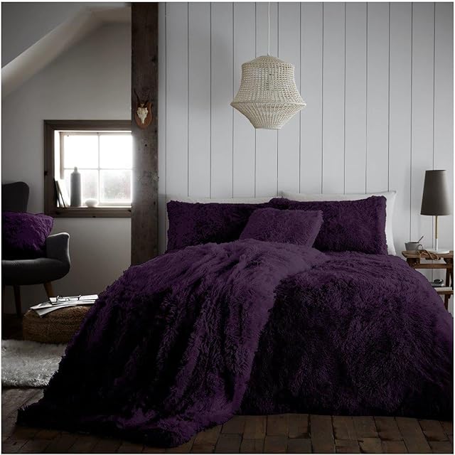 VELVETIO Teddy Bear Hug and Snug Duvet Set & Pillowcases, Fluffy Fur Fleece Bedding Quilt Cover, Super Soft Cuddle Sherpa warm Comforter Bedset, 3Pc Double Size Duvets, Purple