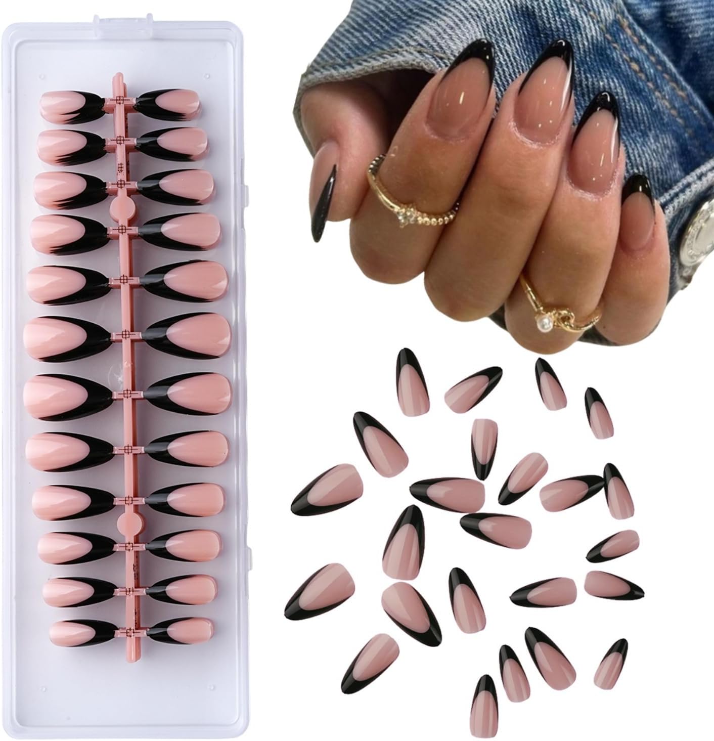 240pcs Pre-Design Basic Black UV Gel French Nail Tips, Medium Long French Tip Press On Nails Almond, Nude Pink Base Salon Fake Nails Set Kit With Glue/Tabs
