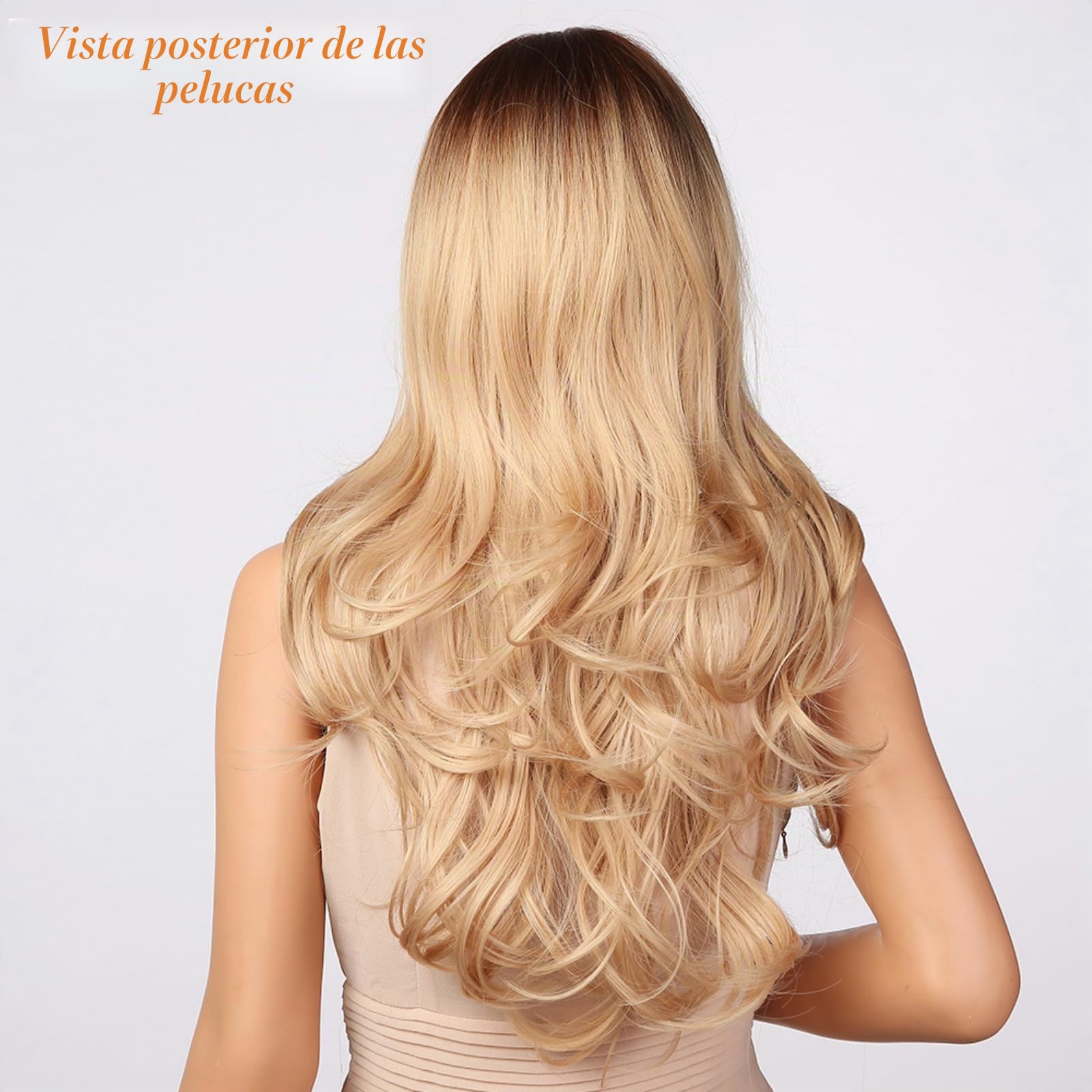 Peluca Rubia con Flequillo Cortina - Peluca Larga Ondulada para Mujeres, Cabello Sintético Resistente al Calor con Raíces Oscuras