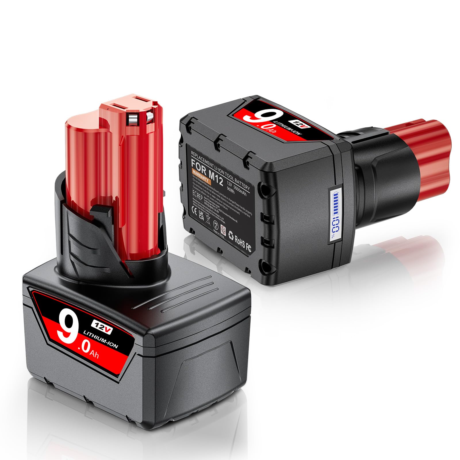 2X 9000mAh M12 replacement battery for Milwaukee, 12V lithium-ion batteries compatible with Milwaukee tool models 48-11-2401 48-11-2402 48-11-2411 48-11-2420 48-11-2460 high capacity(LCD display)