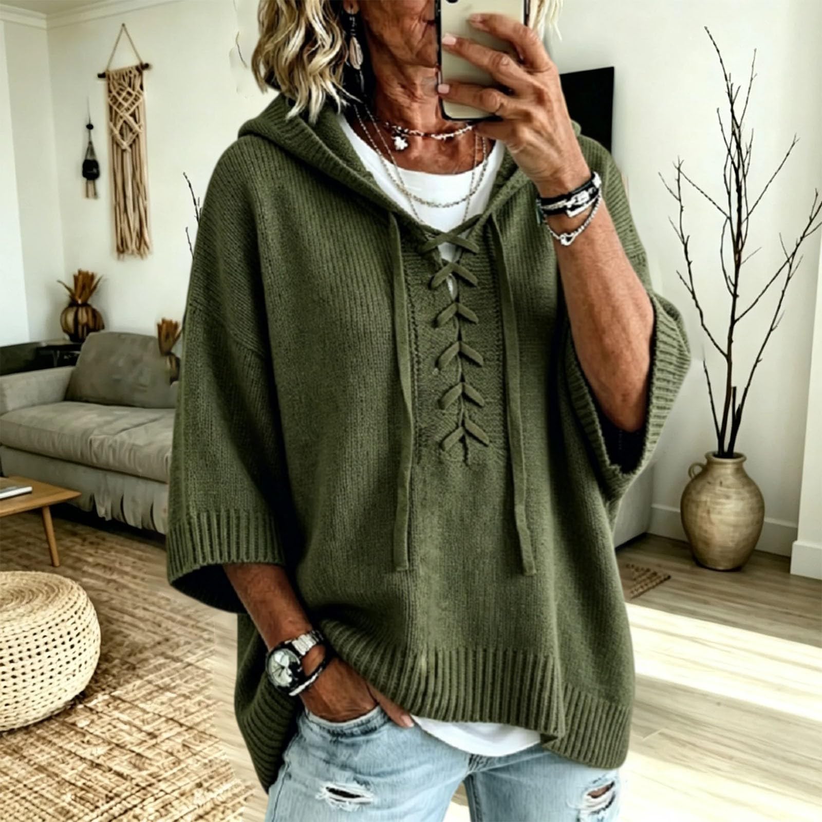 Generisch Sweat-shirt à capuche en coton pour femme - Surdimensionné - Pull décontracté - Couleur unie - Élégant - En tricot - Avec capuche - Confortable - Manches 3/4 - Chaud