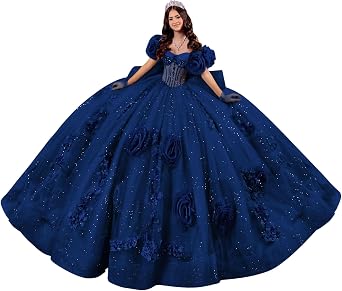 Big 3D Flowers Quinceanera Dresses with Train Sparkly Appliques Sweet 16 Dresses Glitter Beaded Ball Gown with Bow