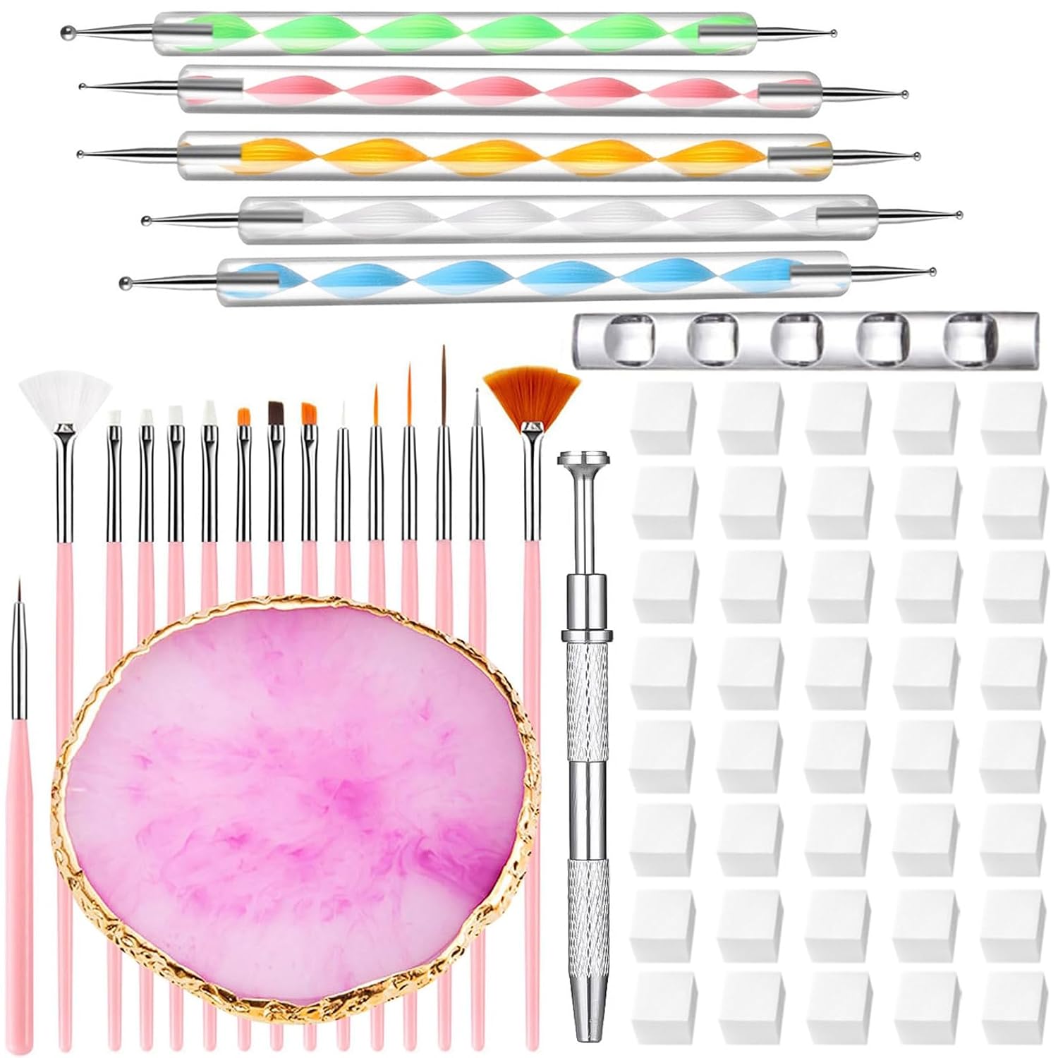 Nail Art Tools 73 Pcs Set Resin Nail Art Palette Nail Art Brush Nail Sponges with Metal Grabbing Pen 2-way Acrylic Silicone Engraving Pen Dotting Pen Home Salon Makeup Supplies (Colour)