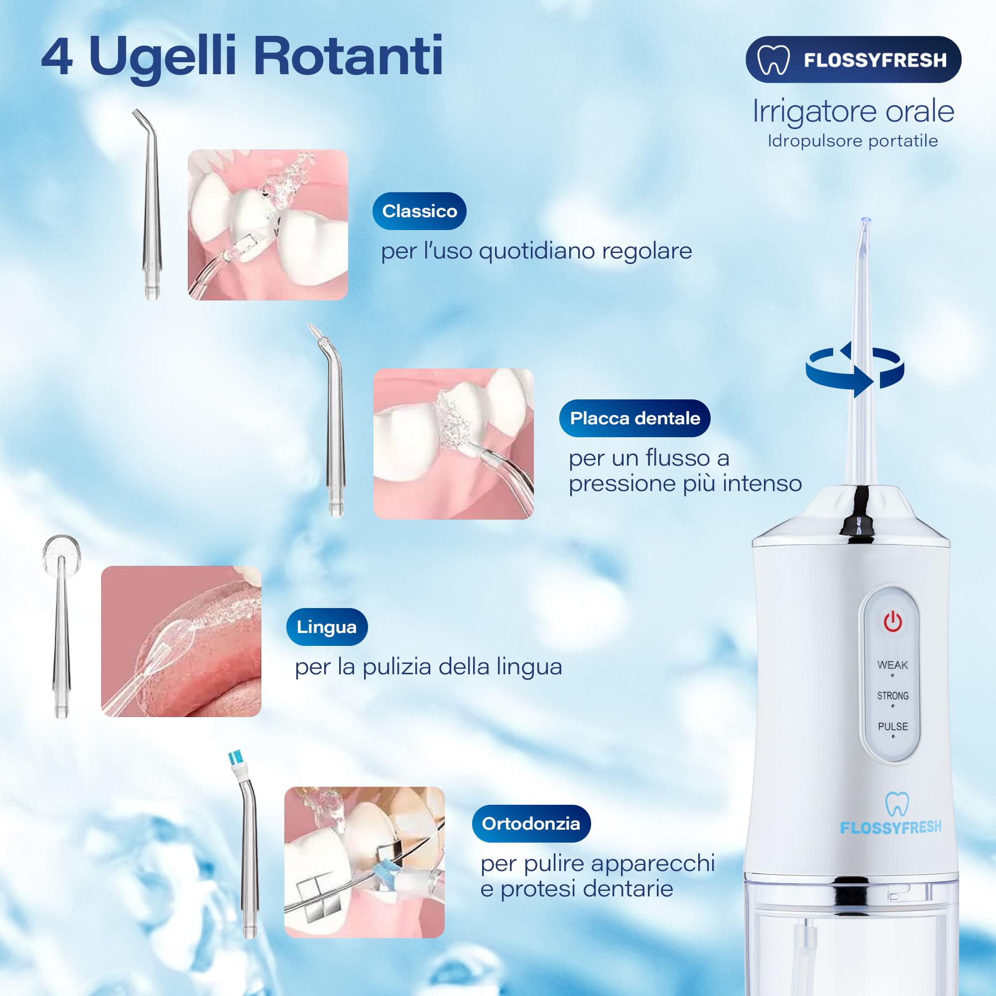Idropulsore Dentale, Irrigatore Orale, Senza Filo, Rimuove la Placca, Pulizia Dentale a 360°, 3 Modalità di Funzionamento, 4 Ugelli Intercambiabili, Ricarica USB, da Viaggio