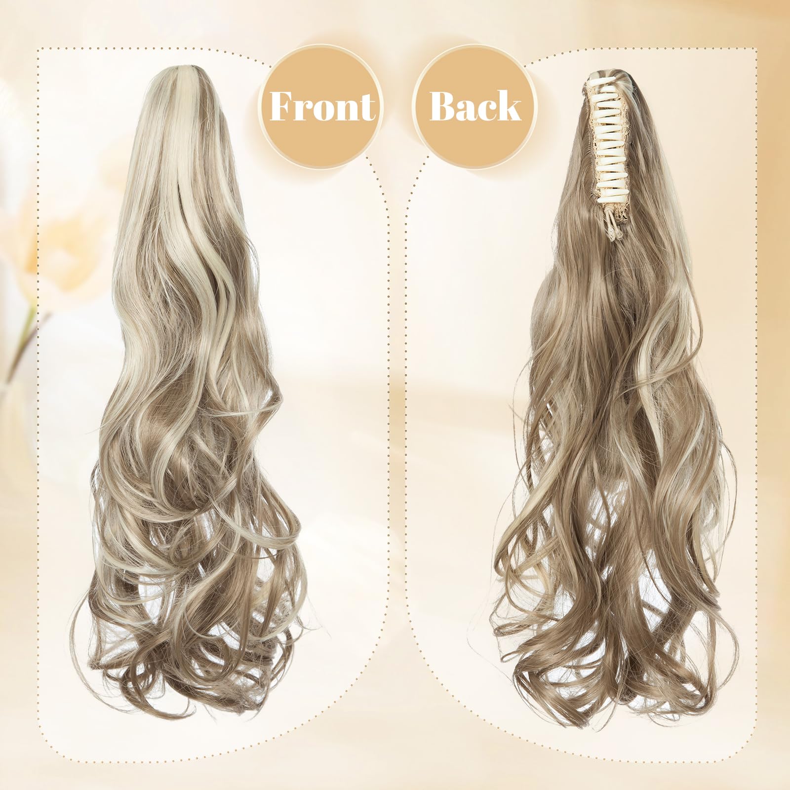 Benehair Claw Clip in Ponytail Hair Extensions 18 Inches Long Curly Wavy Ponytail Extensions Synthetic Ponytail Light Brown mix Blonde Hair Pieces for Women(Light Brown mix Blonde - Image 3