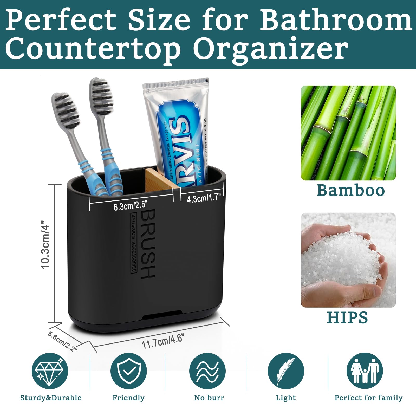 Chintu Soporte para cepillo de dientes y pasta de dientes con divisor de bambú para organizador de encimera de baño, desmontable para una fácil limpieza, 2 ranuras para cepillos de dientes eléctricos,