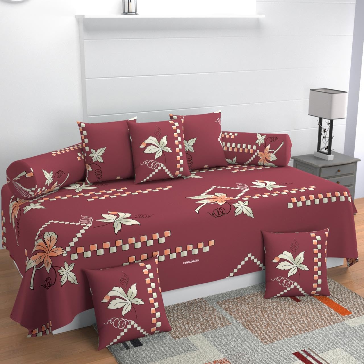 CHHILAKIYA Diwan Set 8 Pieces Cotton Printed Standard Diwan Set (1 Single Bedsheet, 2 Bolster Covers, 5 Cushion Covers) (Brown tan)-image-45
