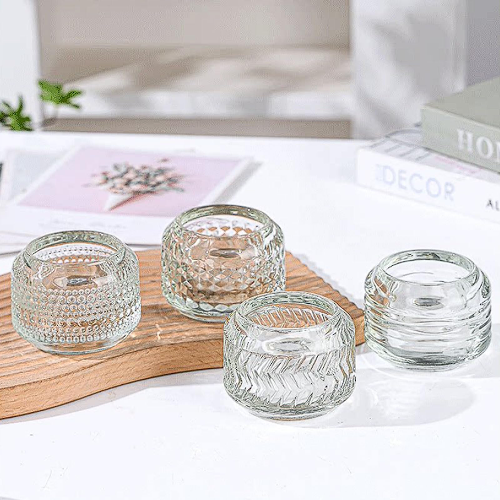 Bougeoir de Bureau en Verre Cristal, Ensemble 4 bougeoirs avec Quatre Styles texturés, Accessoire Photographie, Ouverture à Large Bouche