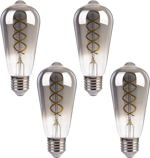 FLSNT E27 LED Light Bulbs, Vintage Spiral Filament Edison Bulb, Daylight 5000K, 4W, 40W Equivalent, Non-Dimmable (4 Pack, ST58, Smoky Grey)