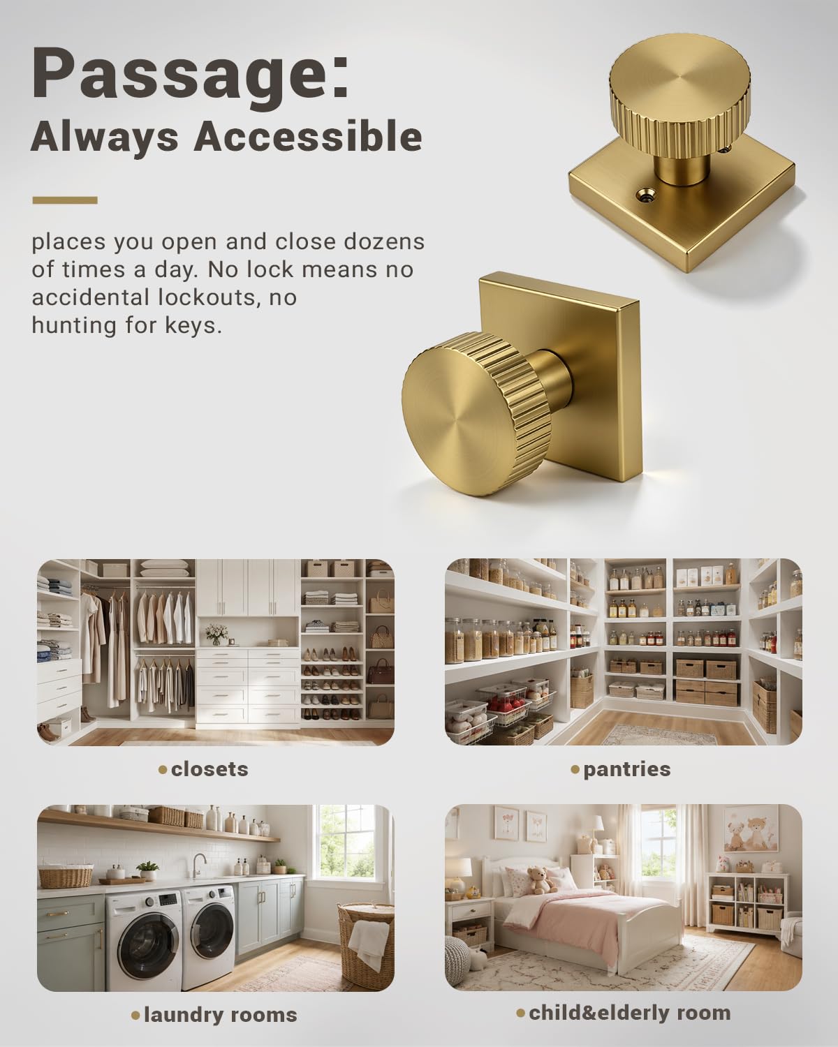 Satin Brass Door Knobs - Keyless Passage Handles -2