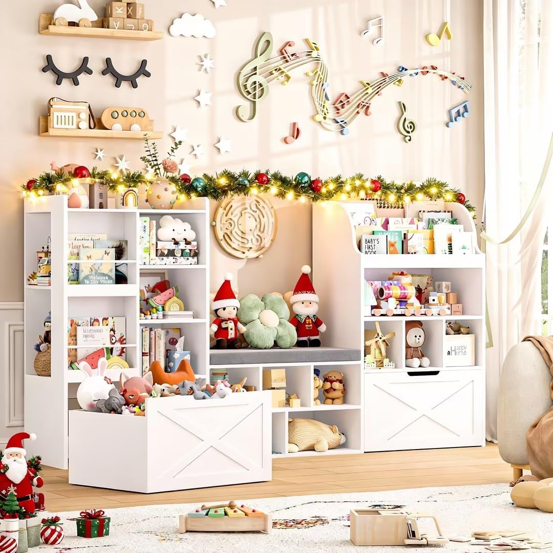FINETONES 75” W Kids Bookshelf with Reading Nook, Large Toy Storage Toy Organizer with Seat Cushion and 2 Movable Drawers, Kids Reading Nook Kid Bench for Playroom Living Room, White