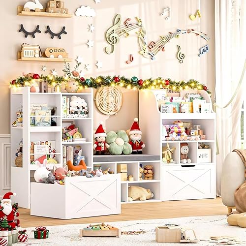 FINETONES Estantería infantil de 75" de ancho con rincón de lectura, almacenamiento grande de juguetes organizador de juguetes con cojín de asiento