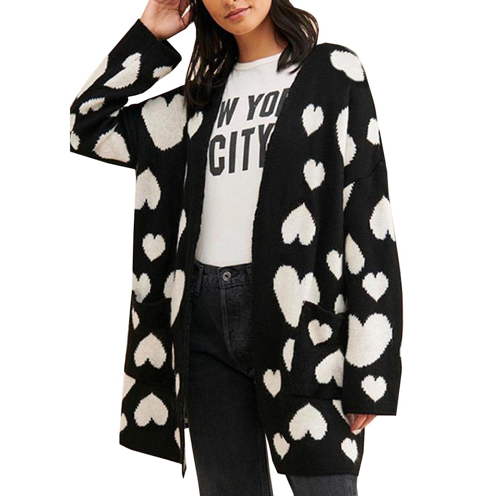 Giraropa Women Heart Long Cardigan Valentines Day Long Sleeve Open Front Knit Sweater Winter Coat Outerwear