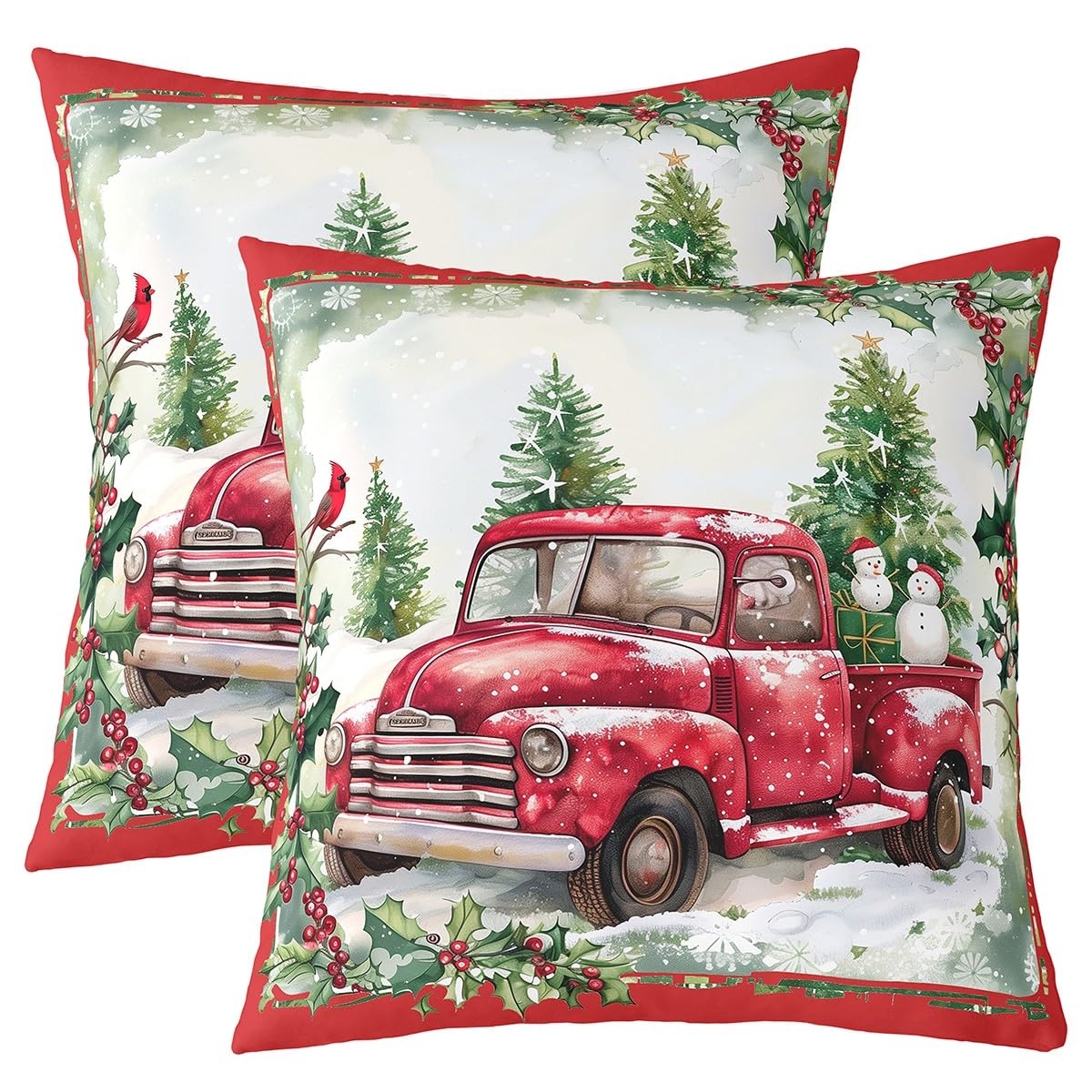 Manfei Christmas Tree Truck Throw Pillow Covers (Pack of 2),Green Holly Leaves Cushion Cover for Kids Girls Teens Winter Snowman Pillow Cases Merry Christmas Living Room Sofa Bed Decor,18" Lx18 W — image 1