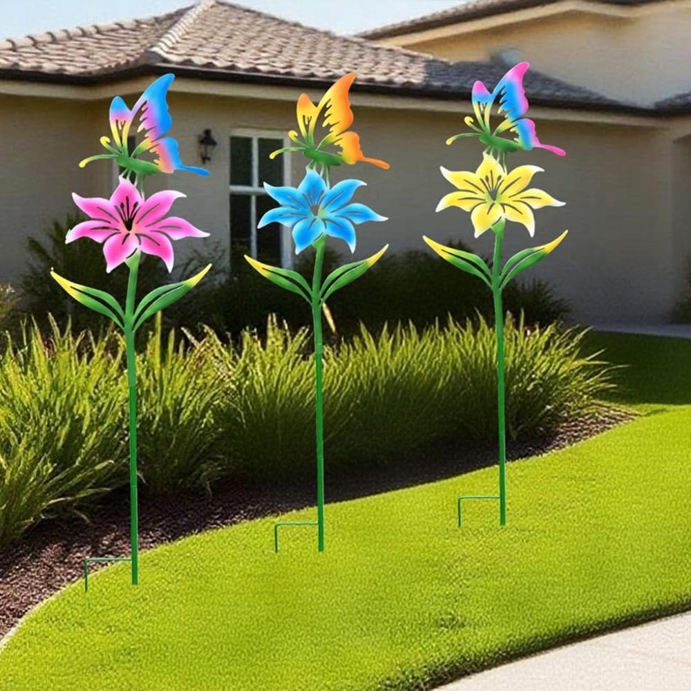 Metal Garden Flowers for Outside, 30.3-22.4" 3-Pack Colorful Butterfly & Flower Decorative Garden Stakes for Spring Garden Decor, Yard Art Decorations for Patio Lawn