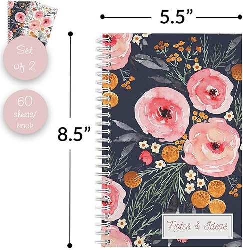 Miniatura 4 de Mountain Floral Juego de 2 cuadernos de espiral encuadernados con alambre. Dos diseños elegantes con 120 papeles con rayas universitarias y listas