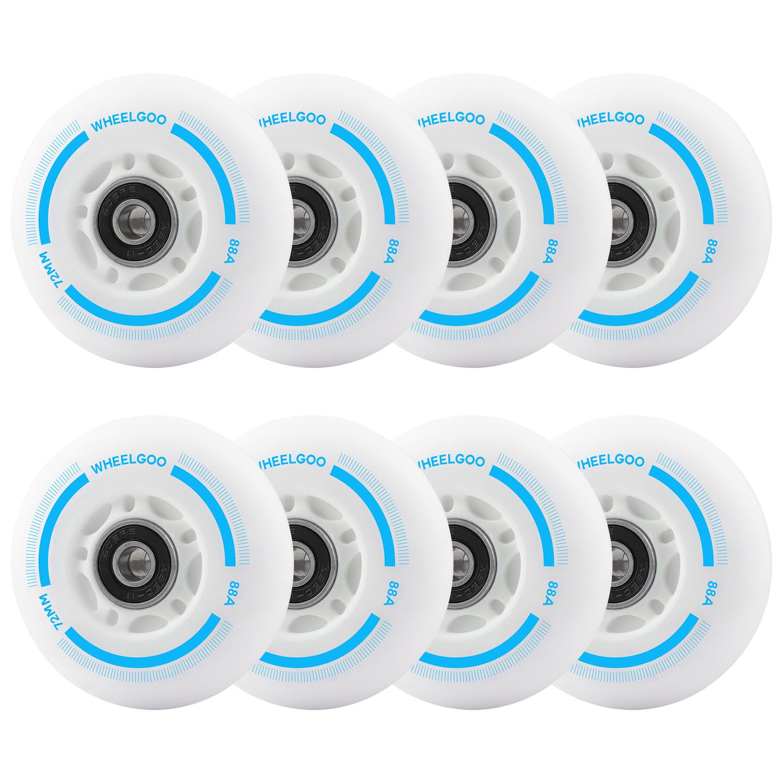WHEELGOO 8-Pack LED Light Up Inline Skate Wheels for Kids & Teens, No Battery, PU Wheels with 608RS Bearings, Evening & Night Skating (Blue, 72mm)