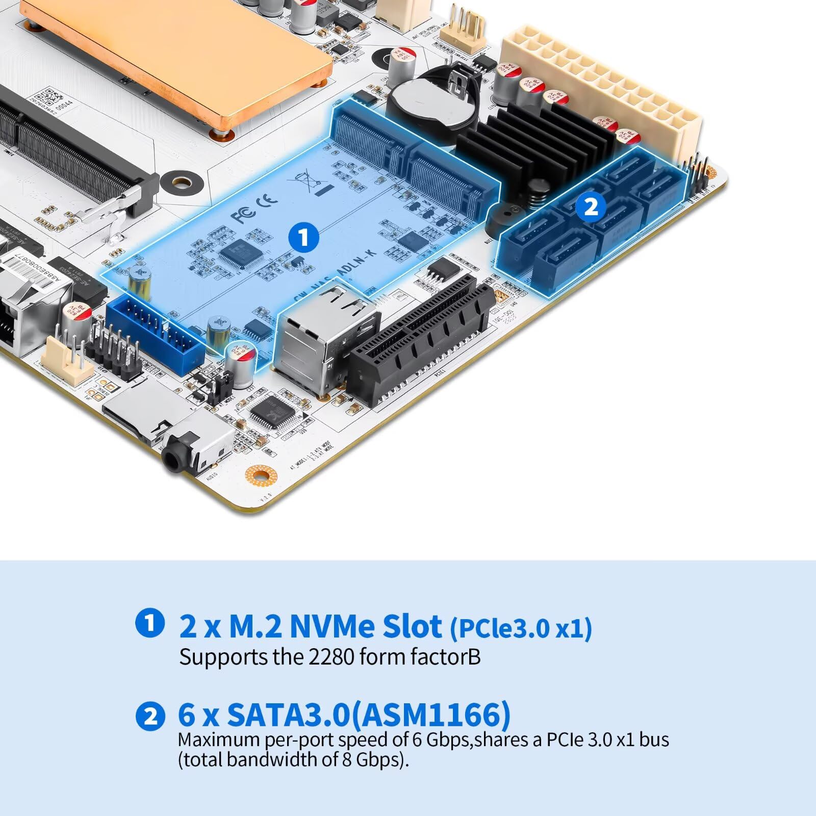 N150 NAS Motherboard Mini ITX, 2× 2.5GbE LAN, 6× SATA3.0, 2× M.2 NVMe, 4USB, TF, 1x PCIe 3.0x4, DDR5 4800MHz up to 32GB, HD+DP Dual Display, for Home Server/Firewall/Storage, 170x170mm, Barebone