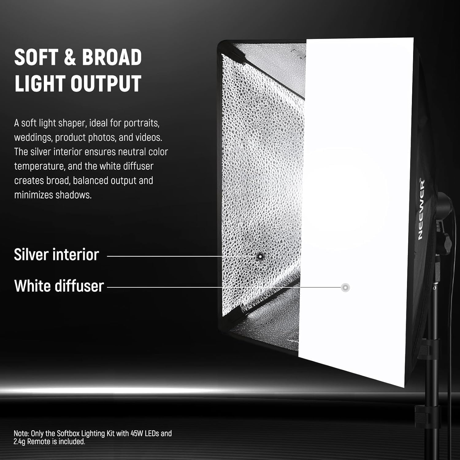 NEEWER 24" x 24" Softbox zestaw oświetleniowy ze stojakiem na statyw, 2 sztuki, 45 W, dwukolorowe żarówki LED 2,4 G, 10 kanałów, 2900 K-7000 K, 1400 lux/m, CRI95, pilot zdalnego sterowania 20 m