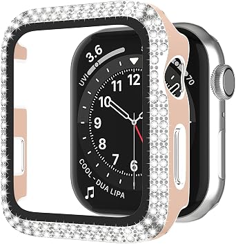 D & K Exclusives Crystal Bling Cases Compatible for Apple Watch 38mm 40mm 42mm 44mm, Hard PC Tempered Glass Screen Protective Bumper Cover for iWatch SE Series 6 5 4 3 2 1 (Pink)