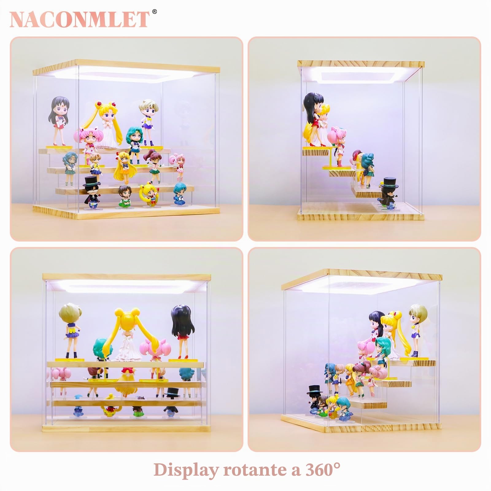 Vetrina in Acrilico Trasparente con Luce a Led, 3/4/5 Tier Teca Espositiva di Immagazzinaggio,Organizzatrice Antipolvere Vetrina Espositiva per Collezionismo(Legno, 4Tier-24x32.2x30 cm)