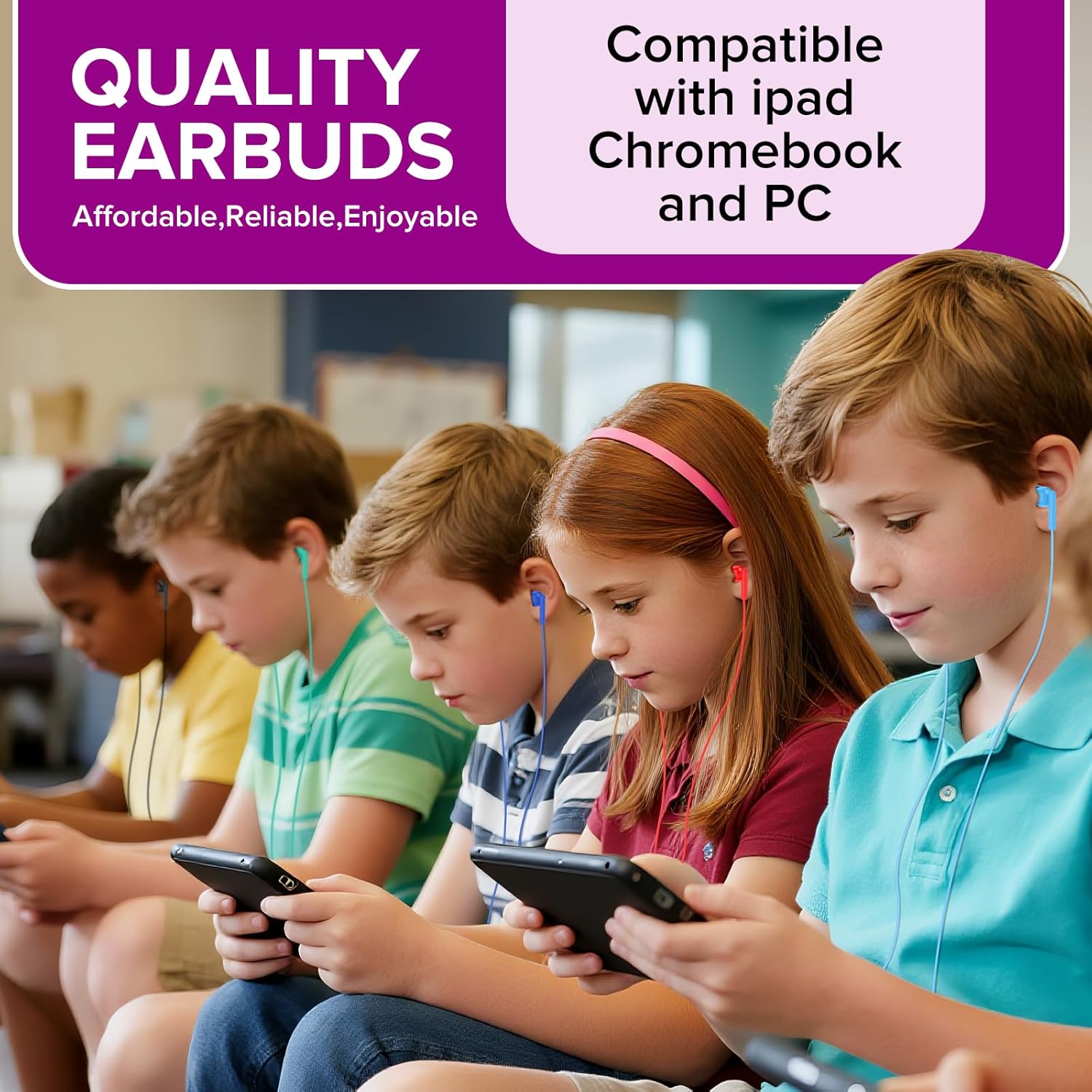 200 Pack Bulk Earbuds for Classroom,Wholesale Wired Students in Ear Earphones with 3.5 mm Jack for School Computer Chromebook Laptop PC,Individually Bagged,(HTC003,Mixed Colors)