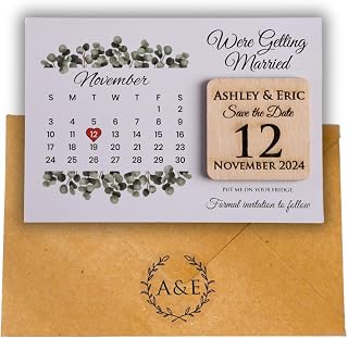 Customizable Calendar Save The Date Card & Wooden Magnet, Personalized Wooden Magnet Wedding Favors, Together with Kraft Envelopes and Clear Labels, Easy Personalization, 5 Different Color Options
