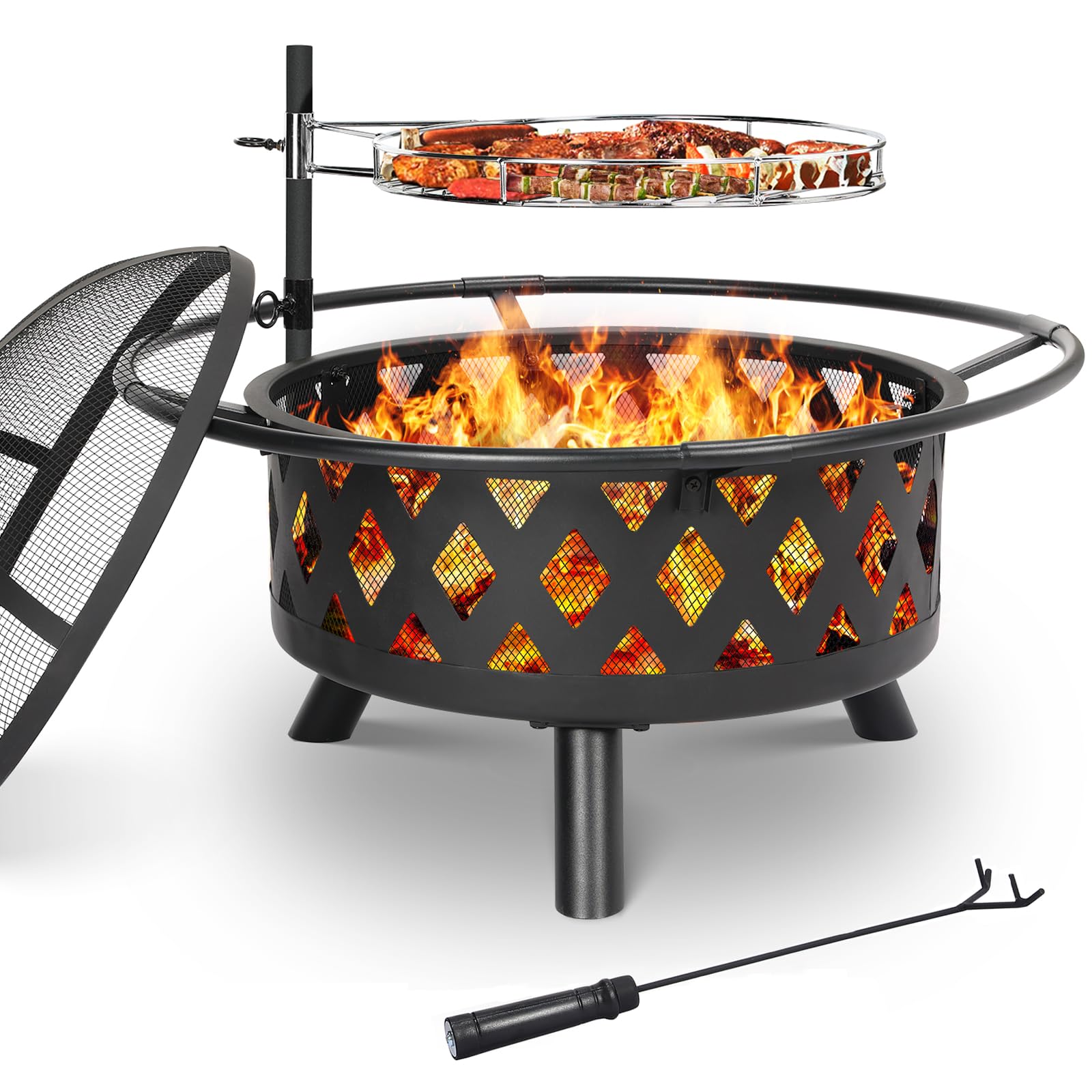 TLSUNNY Feuerschale mit Drehbarem Grillrost, Feuerschalen für den Garten | Ø 76cm Feuerkorb mit Funkenschutz und Schürhaken, 3PCS Beine, Multifunktional BBQ Feuerstelle Outdoor, Zum Grillen und Heizen