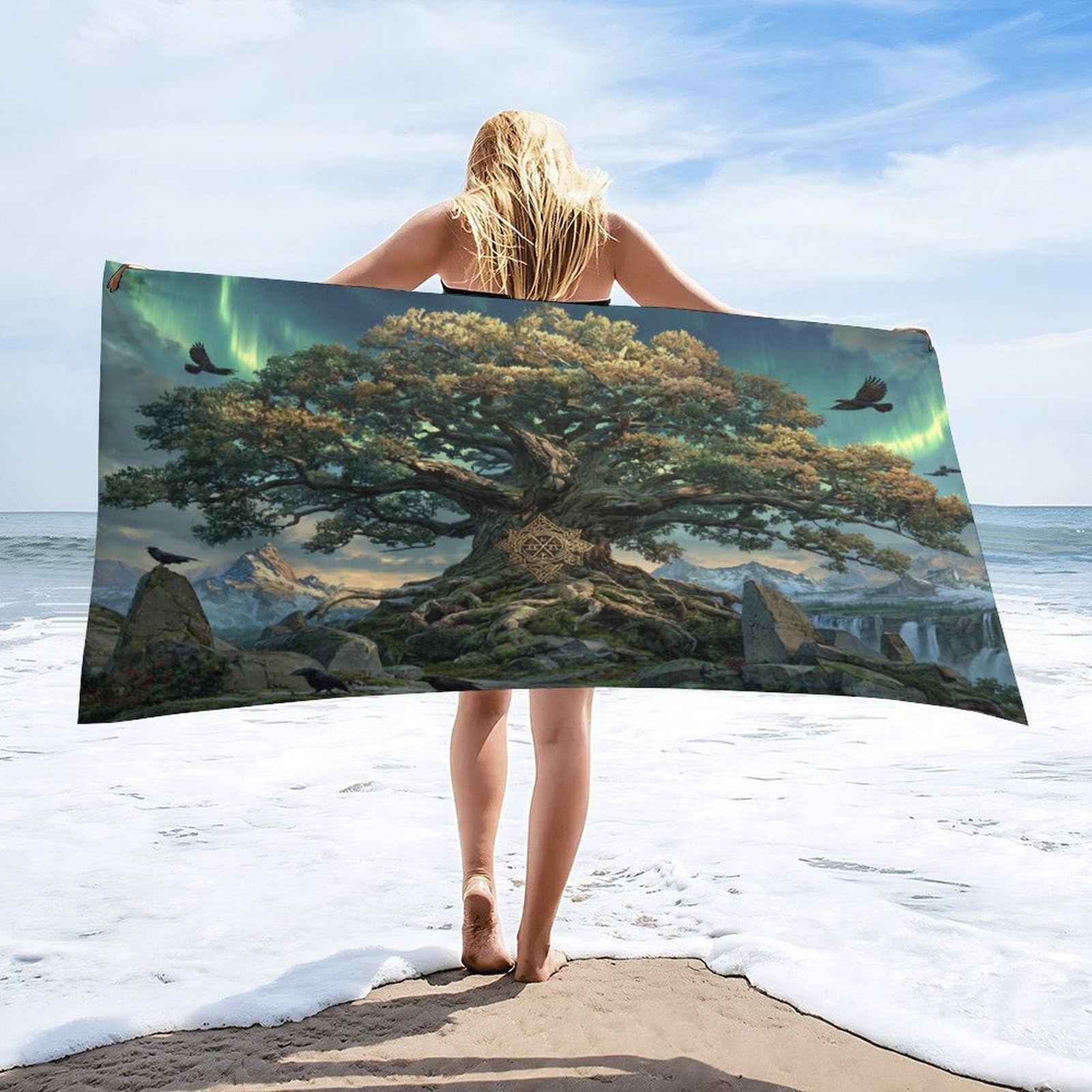 Luyysky Vintage Mysterious Tree Of Life Quick-Drying Beach Towel, Colorful Retro Northern Light Aurora Animal Bird Crow Travel Vacation Single Sided Pile Bathroom Towels-80 W Cm X 160" L Cm