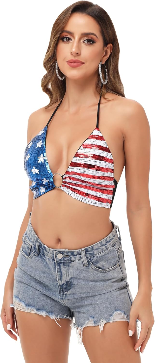 Anna-Kaci American Flag Sequin Shirt Women 4th of July Patriotic Shirt Stars Stripes Top Tees - Image 7
