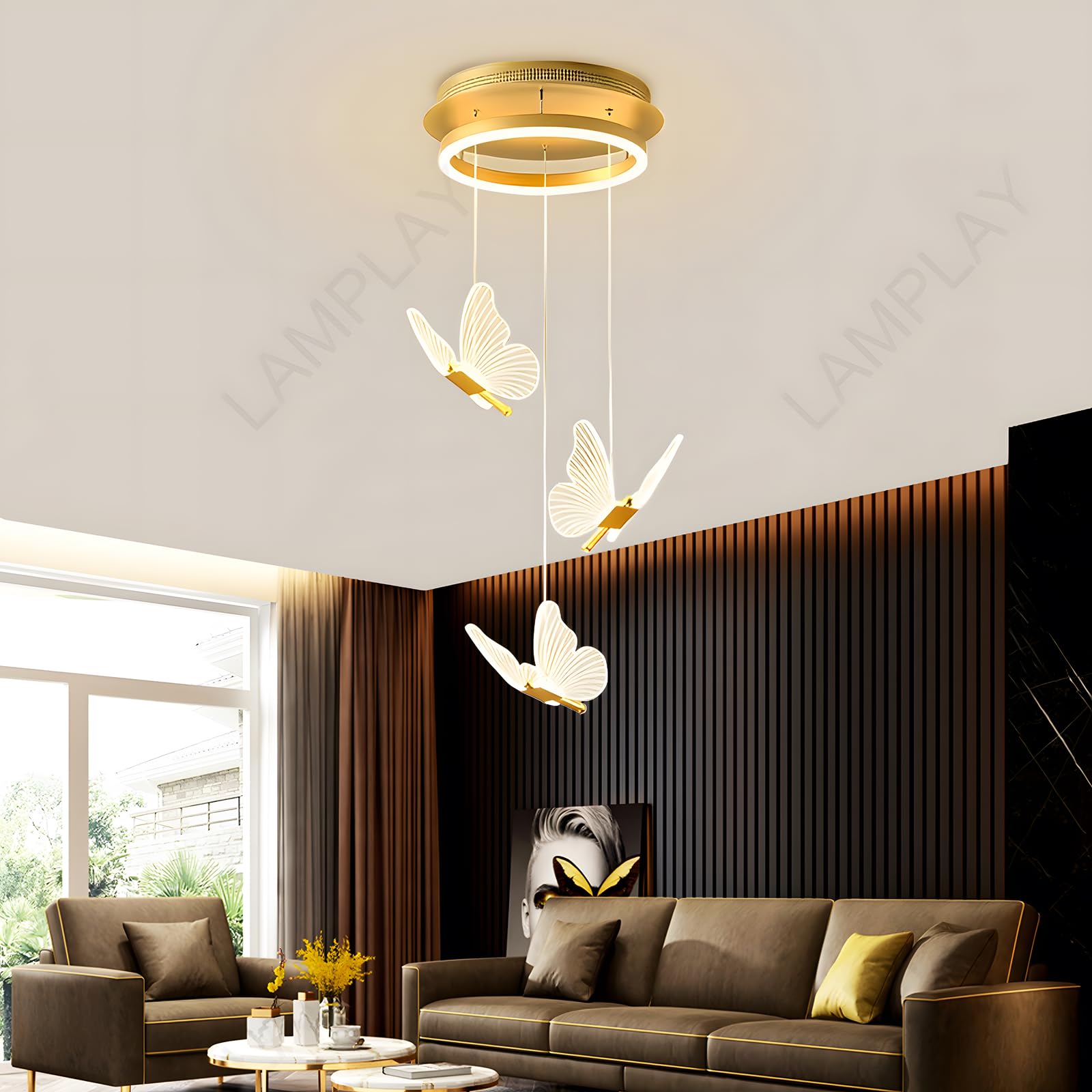 Lampadario Moderno A LED Dorato, Dimmerabile A 3 Luci A Forma Di Farfalla 3000K-6000K Con Telecomando, Lampada Da Soggiorno Regolabile In Altezza, Per Corridoio Sala Da Pranzo Scale Villa
