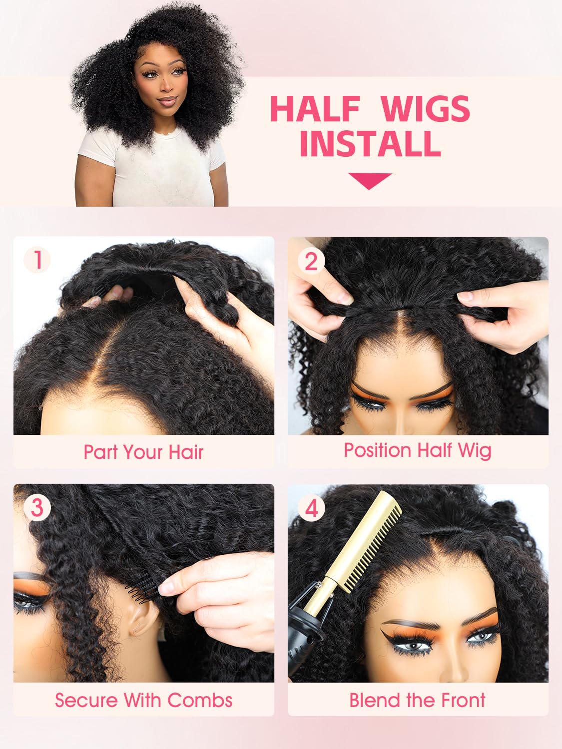 ORIGINAL QUEEN Kinky Curly Half Wig Human Hair 3 In 1 Seamless Flip Over Half Wigs Drawstring Curly Wear and Go Glueless Wig for Black Women Beginner Friendly 22Inch