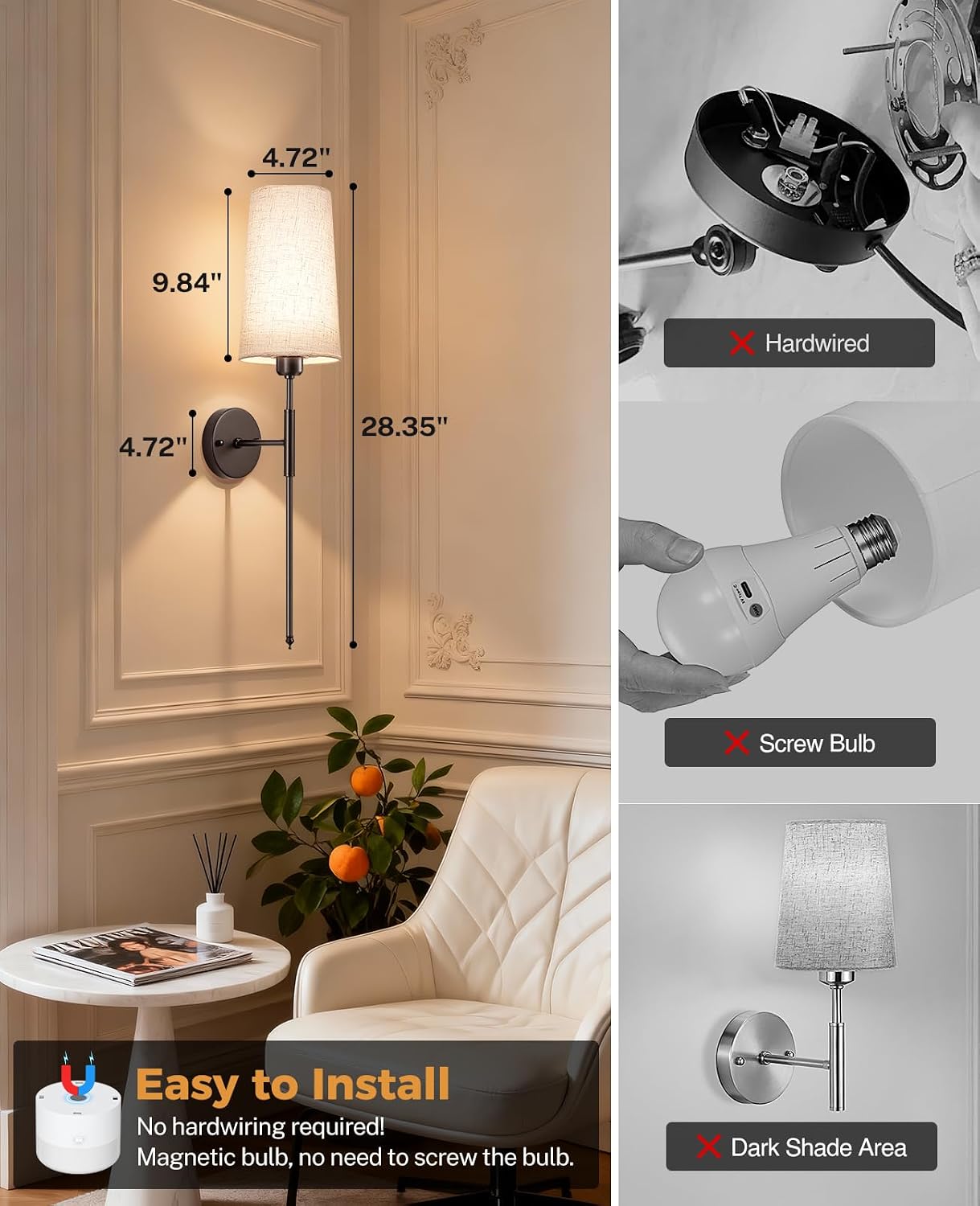 Battery Operated Wall Sconce Set of 2, 13000mAh Rechargeable Battery Powered Sconces with Remote Dimmable Fabric Shade Wireless Sconces Fixture for Bedroom Living Room image 4