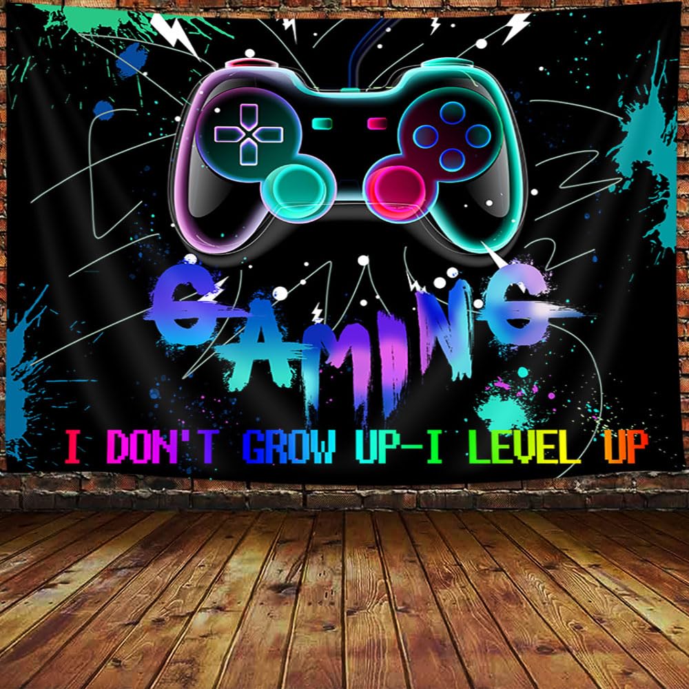 Men's Gaming Neon Sign Wall Art, Retro 80s Video Game Wall Hanging for Boys Bedroom, Funny Modern Tapestry College Dorm Home Decor, (90x70 inch), Purple