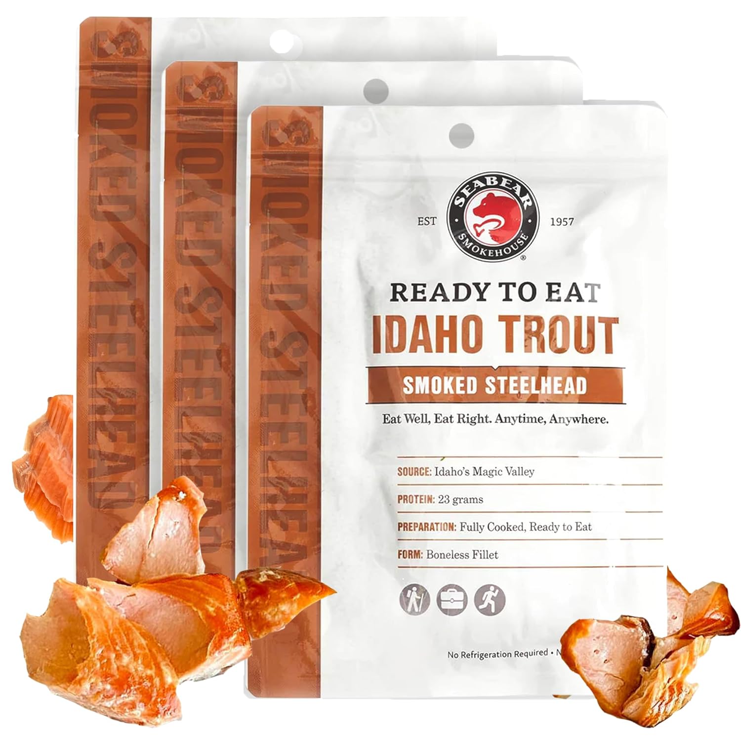 SeaBear Ready-to-Eat Idaho Trout 3-Pack | Fully Cooked Shelf-Stable Smoked Trout Fillets, No Refrigeration, Gourmet High-Protein Snack, 3.5oz Pouches