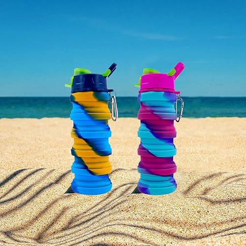 Miniatura 10 de konlongzan Paquete de 2 botellas de agua plegables de silicona con mosquetón, botella de agua expandible de 16.9fl oz, botella de agua deportiva