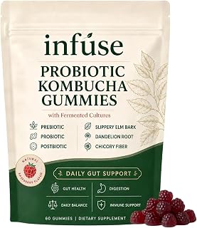 Infuse Probiotic Kombucha Gummies, Fiber Supplement with Prebiotics, Probiotics & Postbiotics, Slippery Elm Bark, Dandelion Root & MCT Oil, Daily Gut Health & Digestive Balance Support, 60 Gummies
