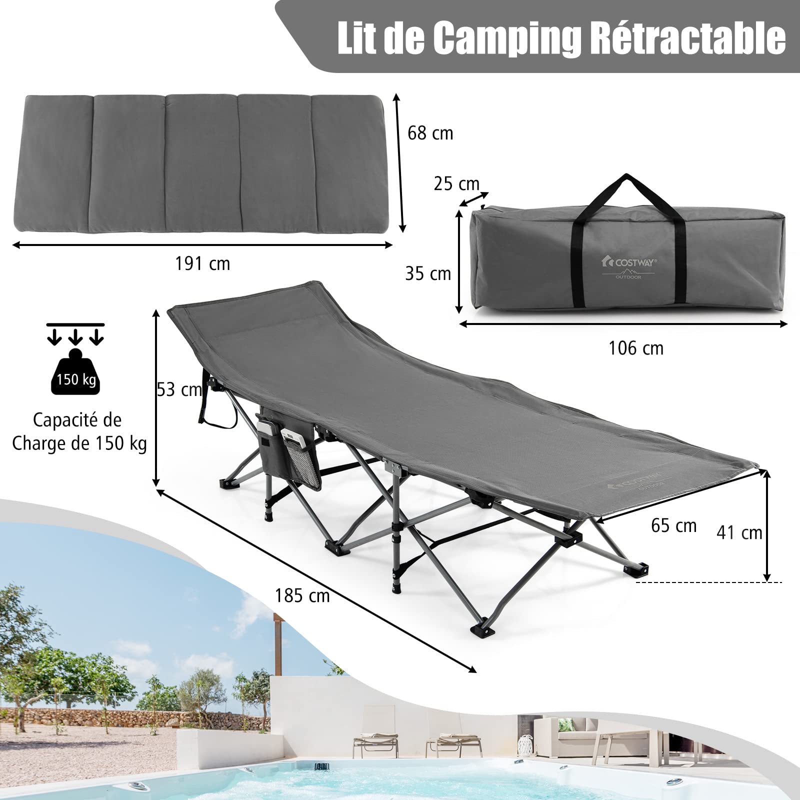 COSTWAY Lit de Camping Pliant de Voyage, Charge Max 150 KG, Lit de Plage avec Sac de Transport et Matelas et Oreiller Amovibles, Lit de Camp Portable pour Adultes, 190 x 67 CM