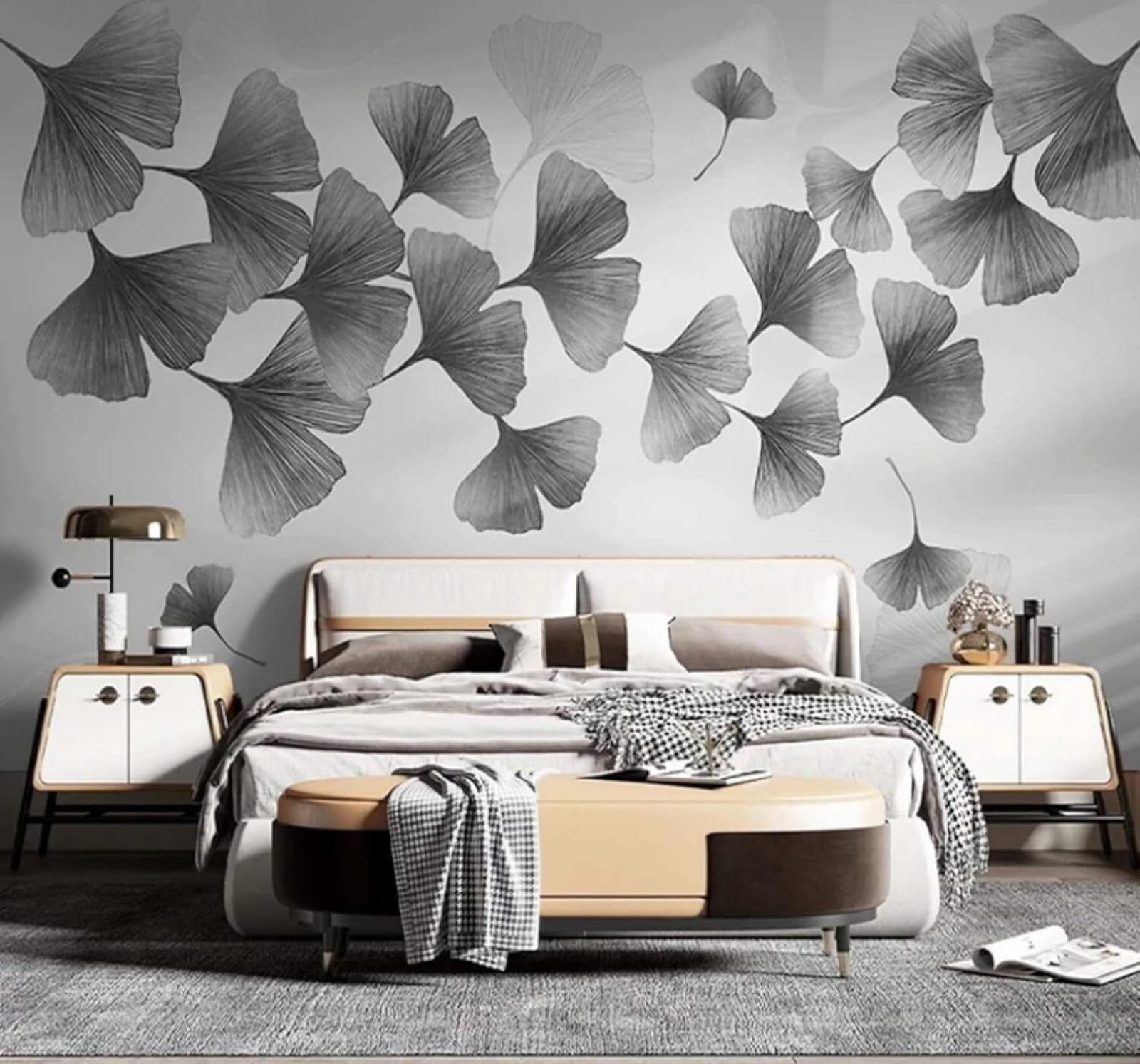 XLMING Minimalist Hand Drawn Black and White Ginkgo Leaves Art 3D Wallpaper Luxury Home Dining Decor Paste Sofa Living Room The Wall for Bedroom Mural-200cm×140cm