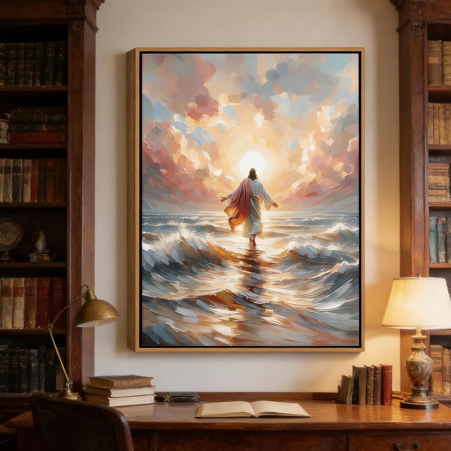 Framed Jesus Walking on Water Canvas Wall Art Christian Spiritual Divine Light Painting Picture Wall Decor Modern Religious Faith Poster Print Artwork for Church Prayer Room Bedroom Home Decoration