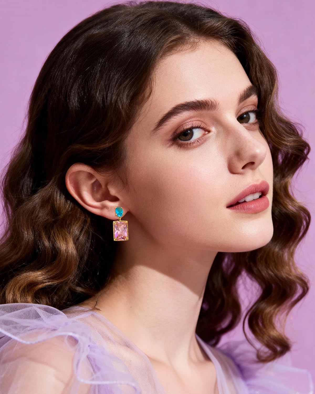 Valentines 14K Gold Plated Pink and Blue Aquamarine Crystal Stud Square Stone Drop Dangle Geometric Earrings for Women Vacation Jewelry - Image 2