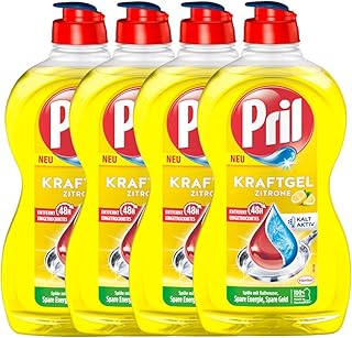 PRIL Kraft Gel Zitrone (4x 450 ml), Handgeschirrspülmittel mit höchster Fettlösekraft, für sauberes Geschirr auch in kalte...