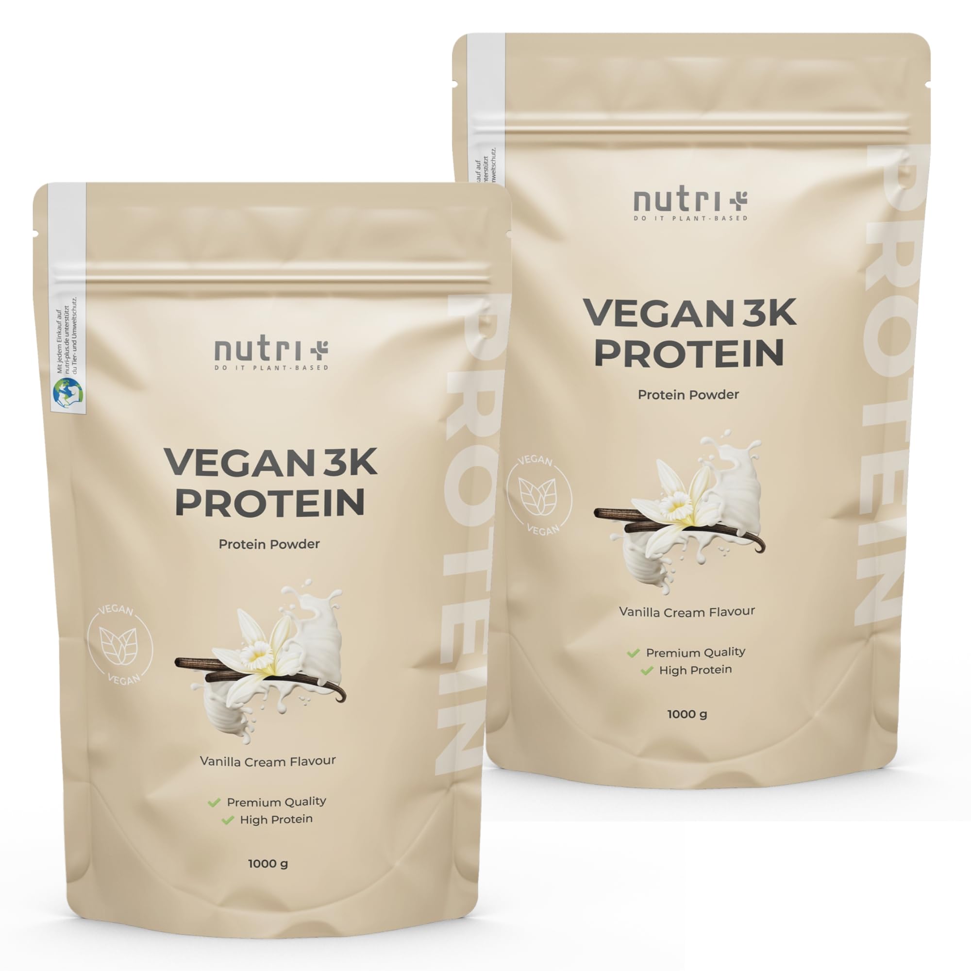 Nutri + Protein Vegan Vanille 2 kg 81% Eiweiß - 3k Proteinpulver 2000 g - Vanilla Cream Flavor Shake - pflanzliches Eiweißpulver ohne Zucker + Stevia