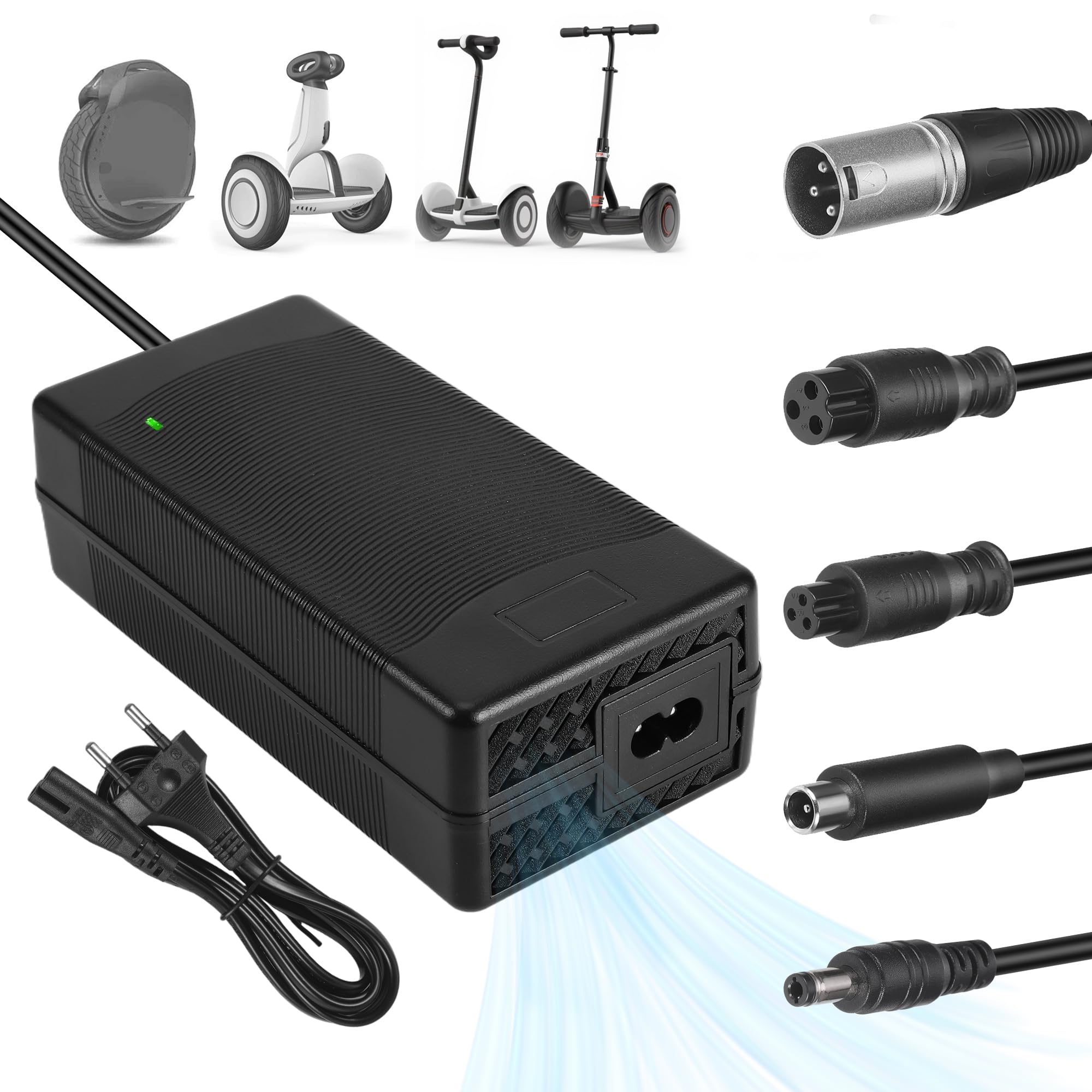 JIZZU Ładowarka do skutera elektrycznego, 42V 3A AC Hoverboard Adapter | Uniwersalna ładowarka z 5 złączami do skutera elektrycznego, równoważenia skutera, drifting board